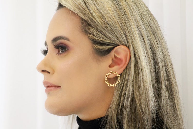 Round Gold Link Stud Earring (K170)
