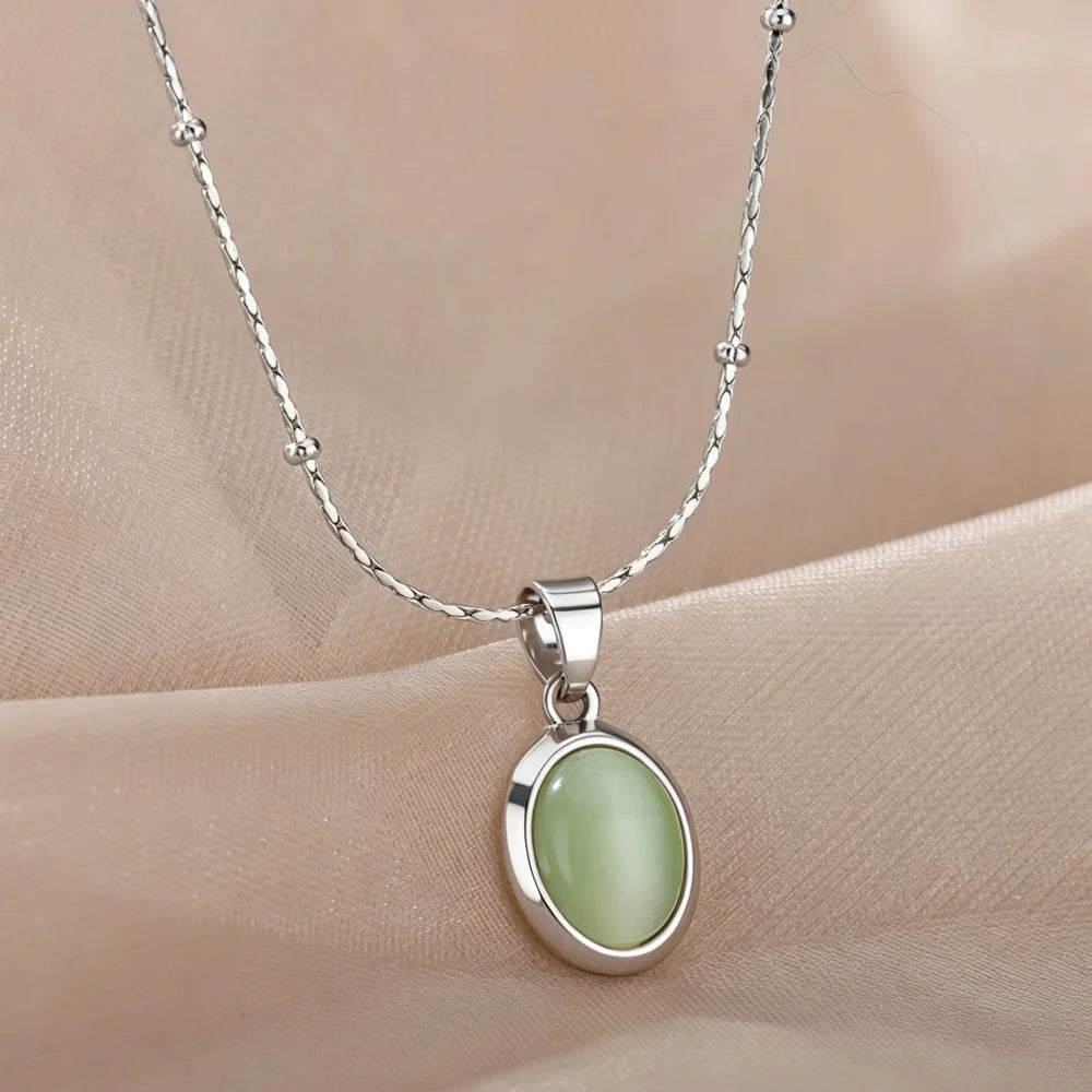 Trendy Oval Colorful Stone Necklace For Women Stainless Steel Gold Color Green Opal Stone Pendant Necklace Aesthetic Jewelry Gif
