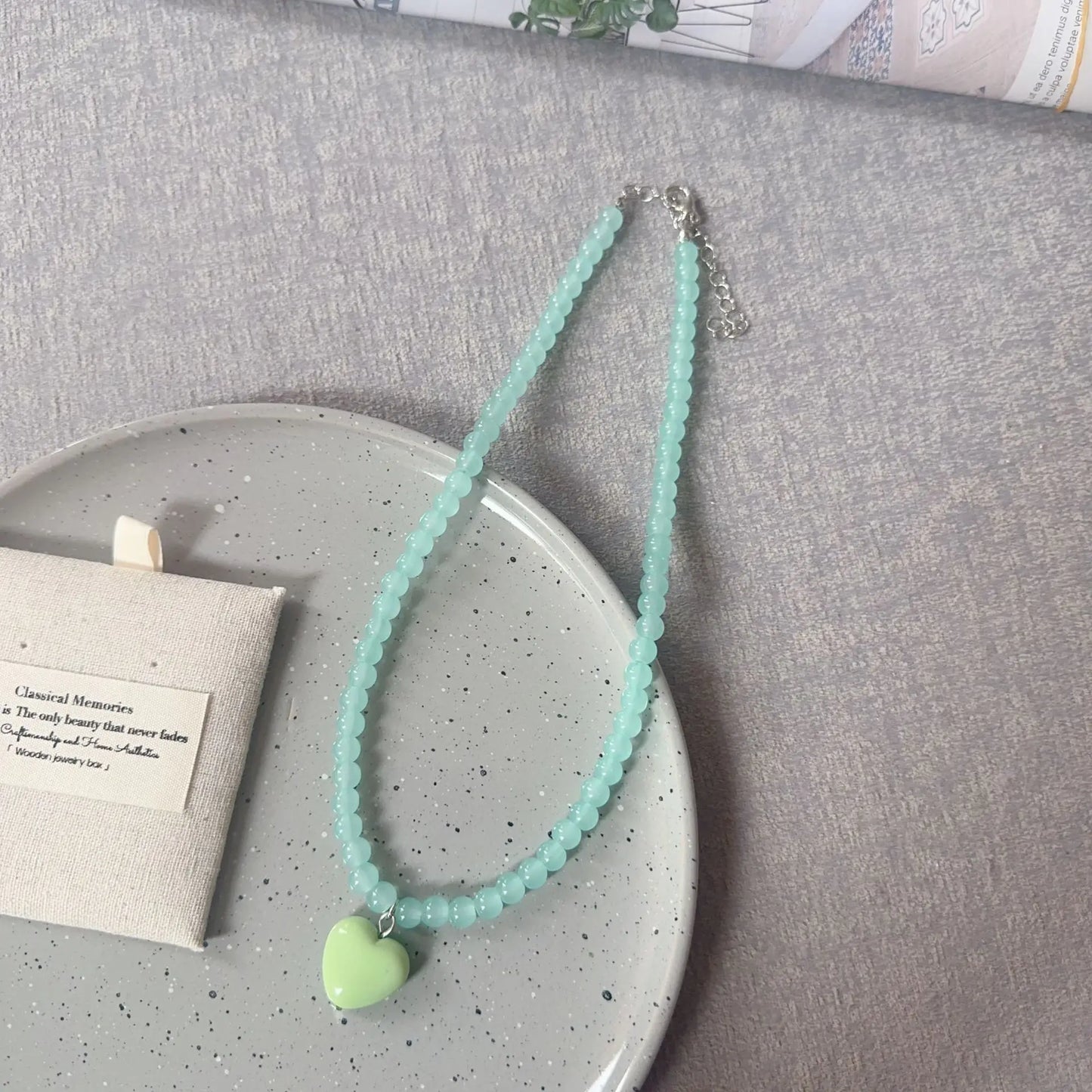 Aesthetic Jewelry Colorful Beaded Heart Pendant Necklace for Women Girls Y2K Trendy Charms Choker Neck Accessories Gift