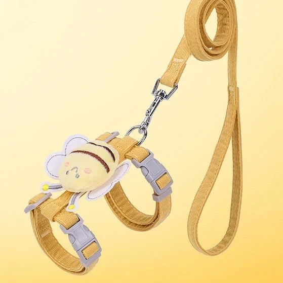Cat Harness Leash Collar Set Adjustable Cartoon Bee Double Layer Dog Harness for Small Medium Pet Collar Leash Outdoor Walking