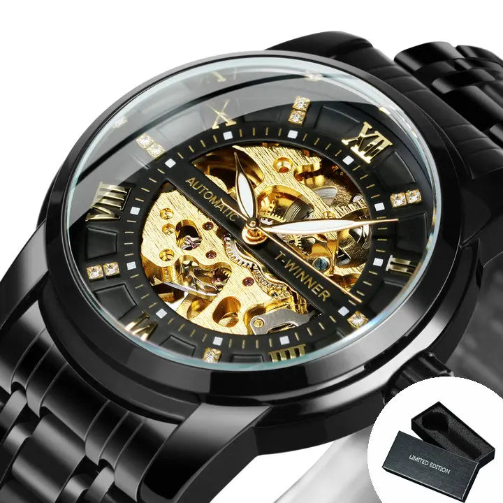 WINNER Gold Black Mechanical Watches Classic Retro Iced Out Skeleton Automatic Watch for Men Stainless Steel Band Luminous Hands