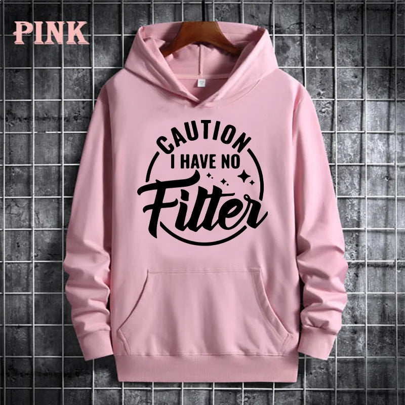 Caution I Have No Filtes Printed Hoodie, Women's Casual Pocket Pullover, Autumn/Winter Fleece Sweatshirt, Comfortable Hoodie