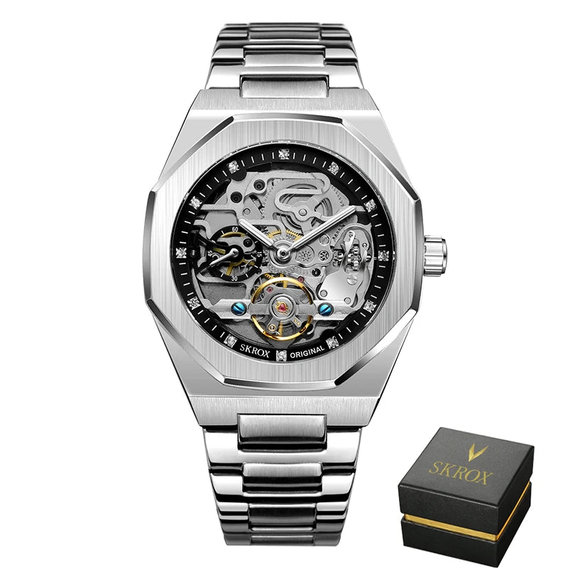 2024SKROX Luxury Gold Diamond Octagonal Automatic Clock Man Watch Elegant Stainless Steel Skeleton Mechanical Male Wrist Watches