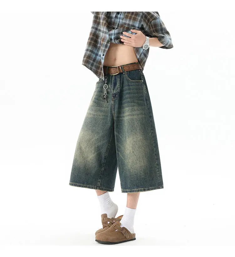 Multi-pockets Cargo Pants Summer Short Jeans Breeches Hip Hop Streetwear Baggy Denim Shorts Casual Wide-leg Capris Pants 5XL-M