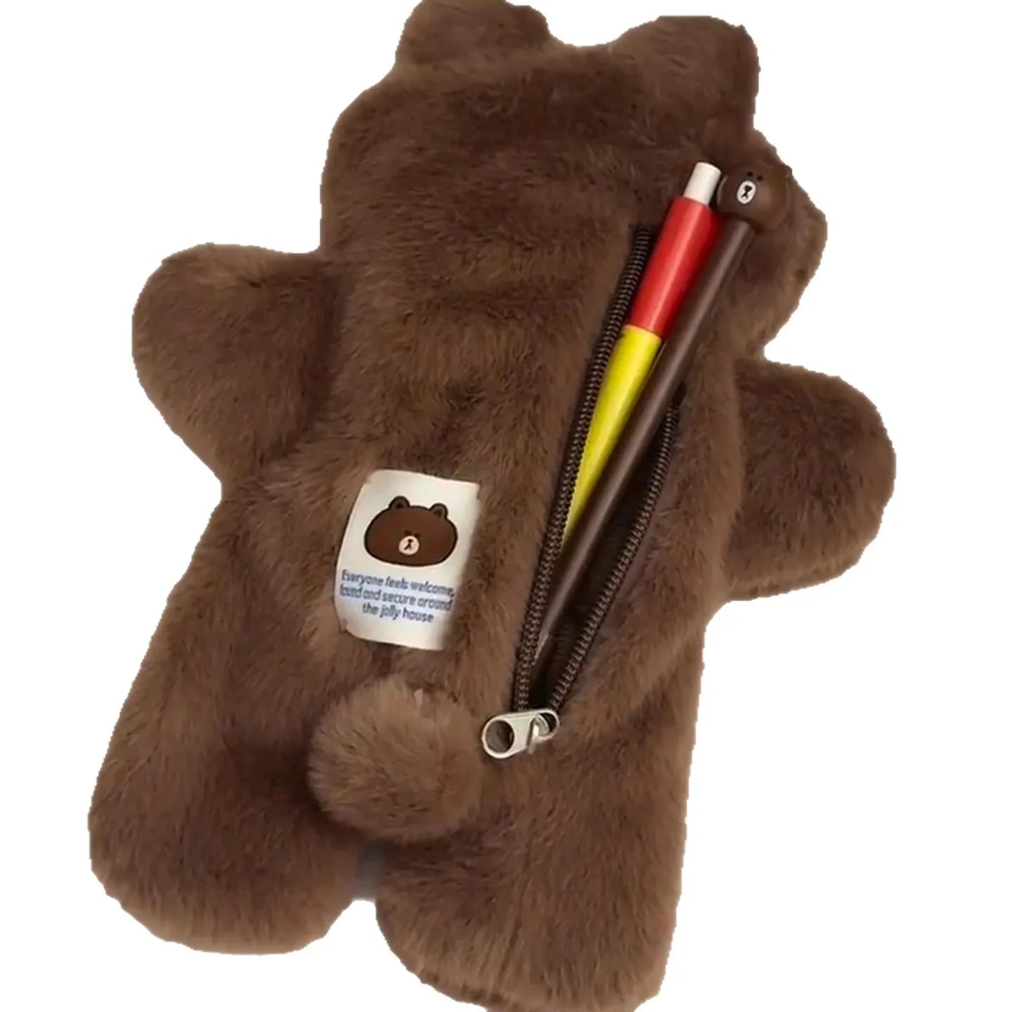 Kawaii Plush Brown Cartoon Bear Alien Pencil Case Student Stationery Large Capacity Storage Pen Bag Cute Girl Makeup Bag Gifts