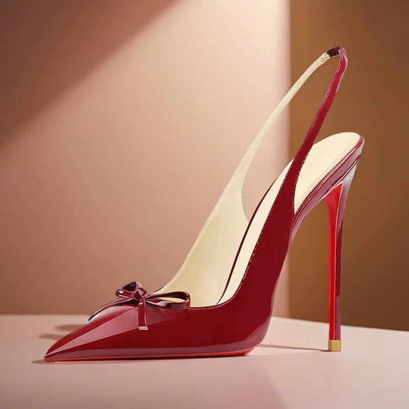 2025new black nude wine red patent leather pointed small bow back empty style plus size red bottom socialite high-heeled sandals