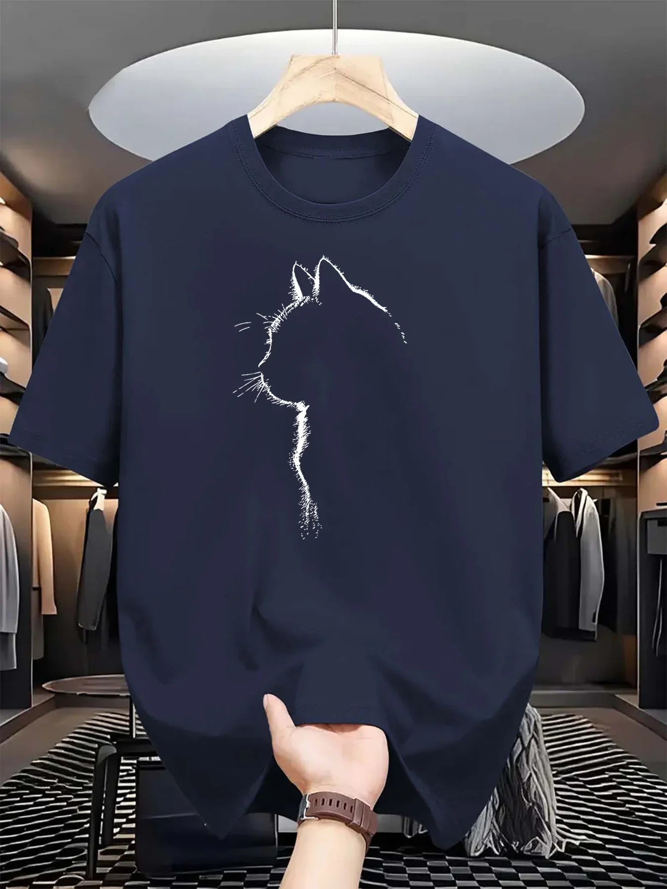 2026 New Summer Men's Quick-Dry Casual Sports T-Shirt Loose Cat Pattern Print Comfortable Crew Neck Short Sleeve T-Shirt Top