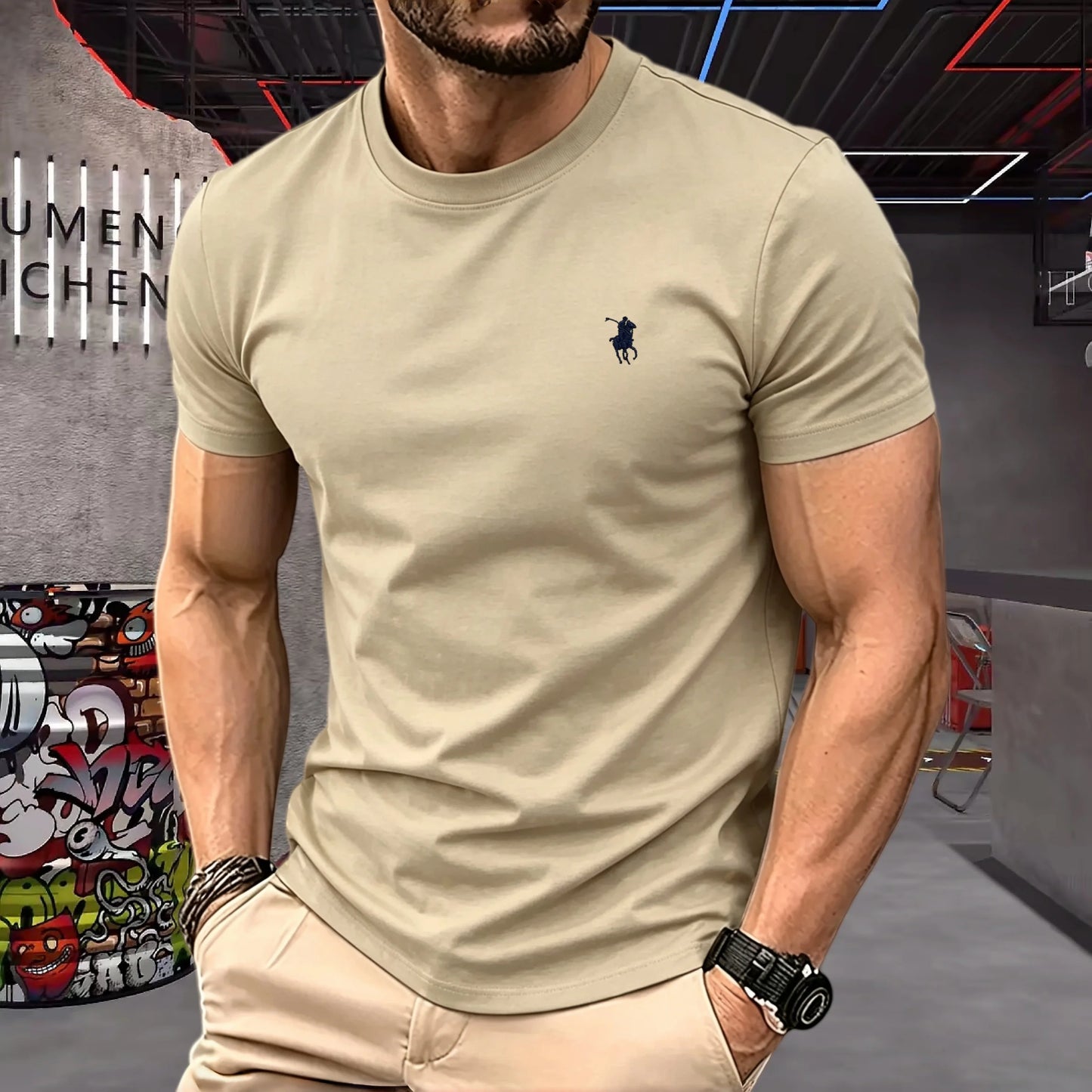 100% pure cotton 2026 high-end brand men's short sleeved round neck top summer fashion luxury pony embroidery top sports T-shirt