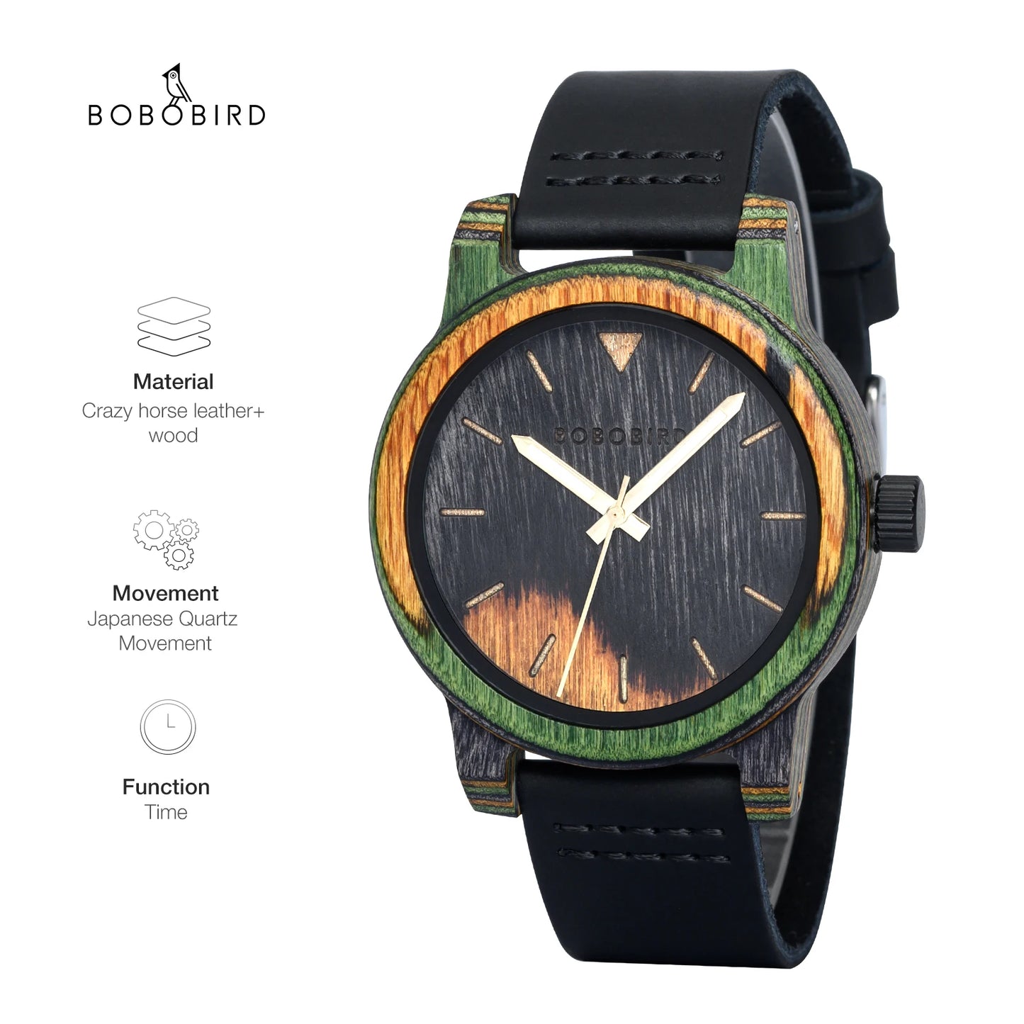 BOBOBIRD Wooden Watch Men's Wristwatch Japanese Quartz Movement Crazy Horse Leather Fashion Casual Engraved Watches Custom Gift