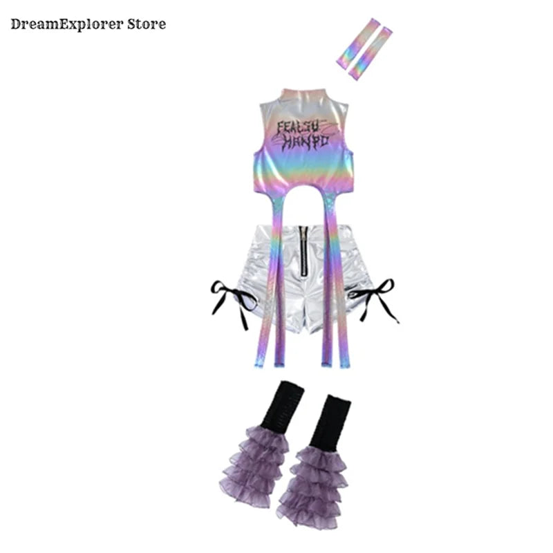 Girls Hip Hop Shiny Crop Top Silver Cargo Pants Kids K-pop Jazz Stree Dance Clothes Sets Children Streetwear Girl Group Costume