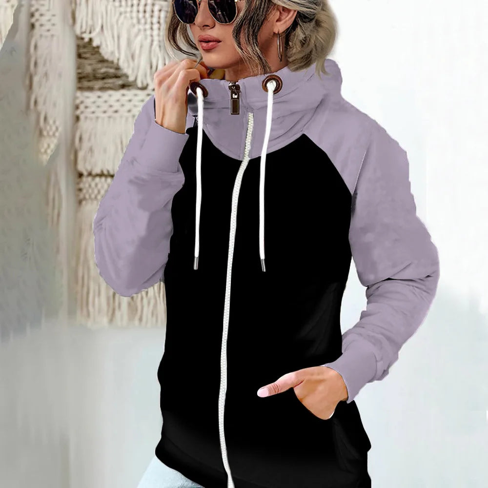 2025 Autumn Winter Women's High-neck Sweatshirt Casual Pocket Pile Collar Fleece Zipper Cardigan Color-blocking Velvet Coat