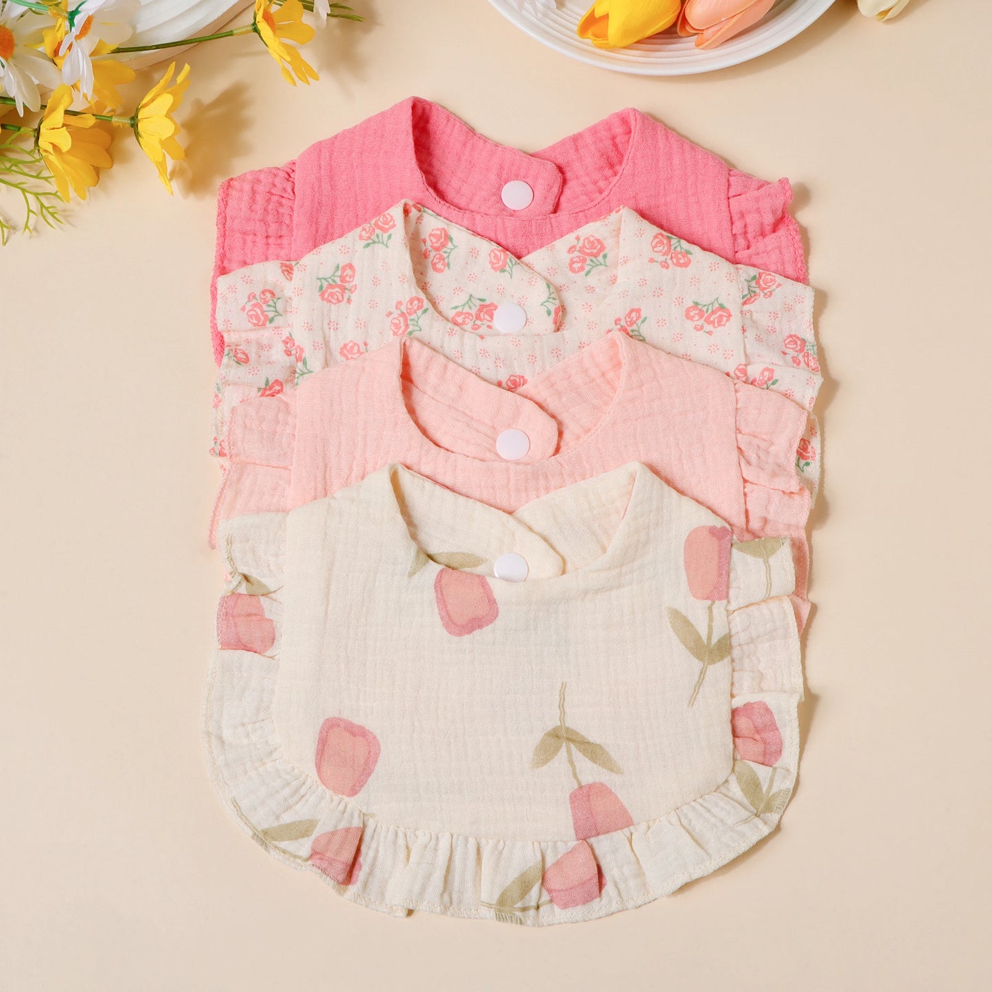 4pcs/set Children Bib Set Cotton Muslin Toddler Baby Comfort Saliva Color Dorp Shape Towel Solid With Button Kid Bibs