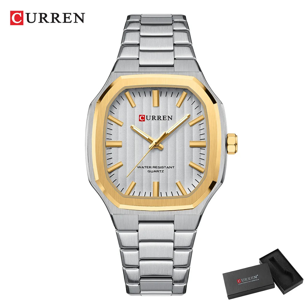 CURREN Luxury Business Square Quartz Watches Classic Stripe Design Dial with Stainless Steel Band Wristwatch for Men