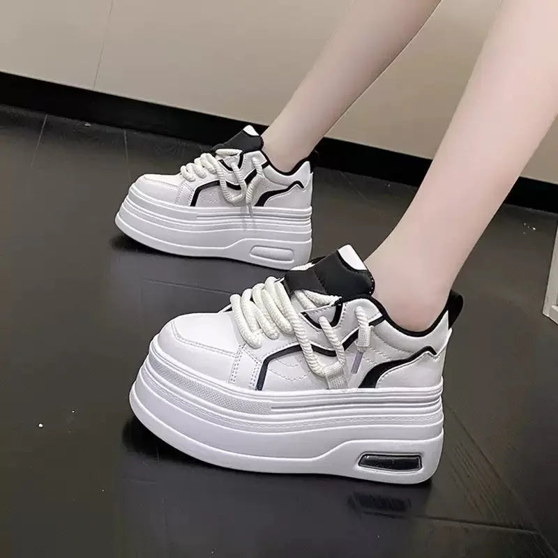 Fashion Platform Sneakers Women Spring Autumn Round Toe Lace-up Comfort 10CM Thick Bottom Sport Shoe Black White Casual Shoe