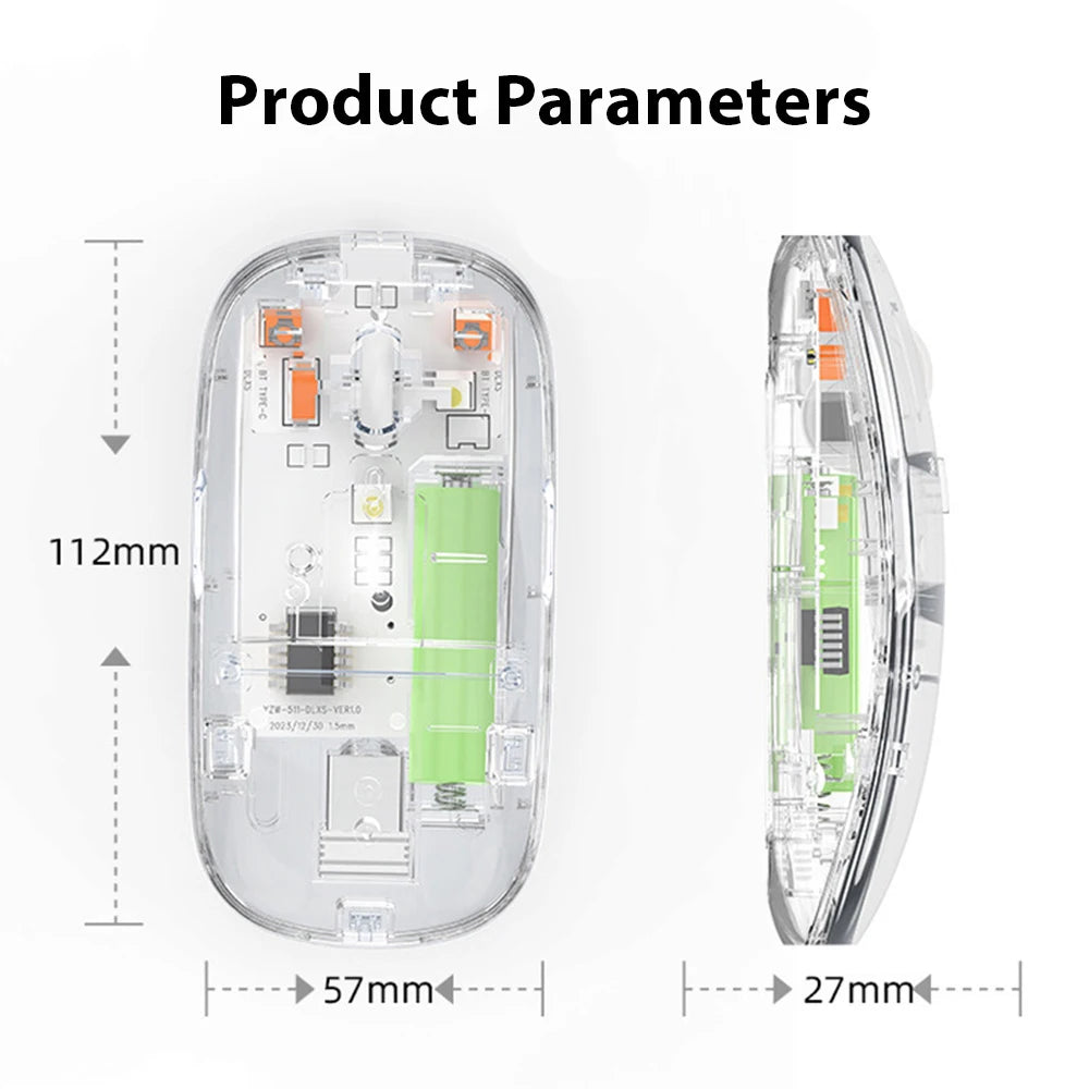KEBIDUMEI Wireless Mouse Dual Mode Bluetooth Mouse 500mAh Rechargeable Silent Mouse Transparent Office Mice for Laptop Macbook