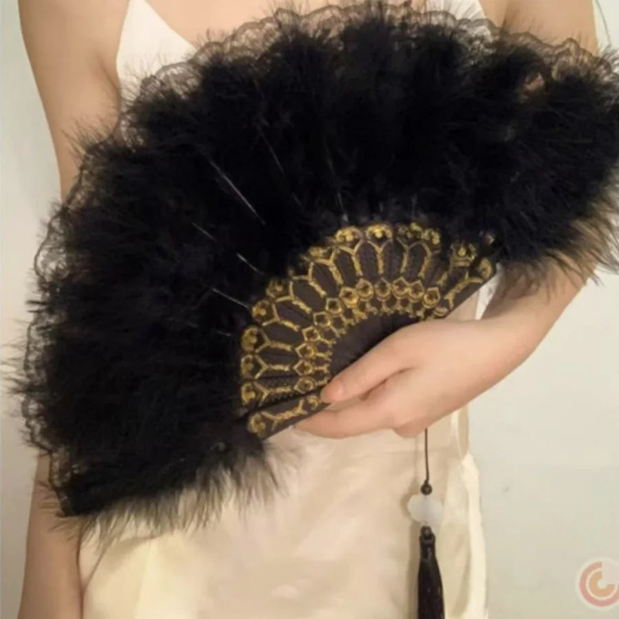 Black feather fan, 1920s hand fan, lace retro feather fan, lace feather fan, 1920s women's clothing, dance performance, wedding