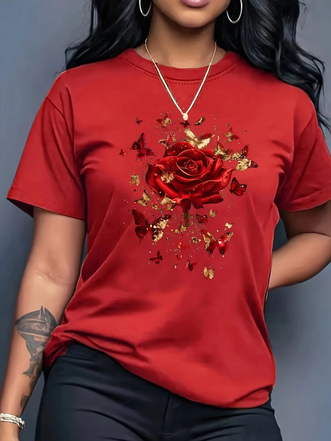 Women's Casual Sports T-Shirt Floral Red Rose and Butterfly Print T-Shirt Casual Round Neck Short Sleeve Daisy Shirt Floral Tee