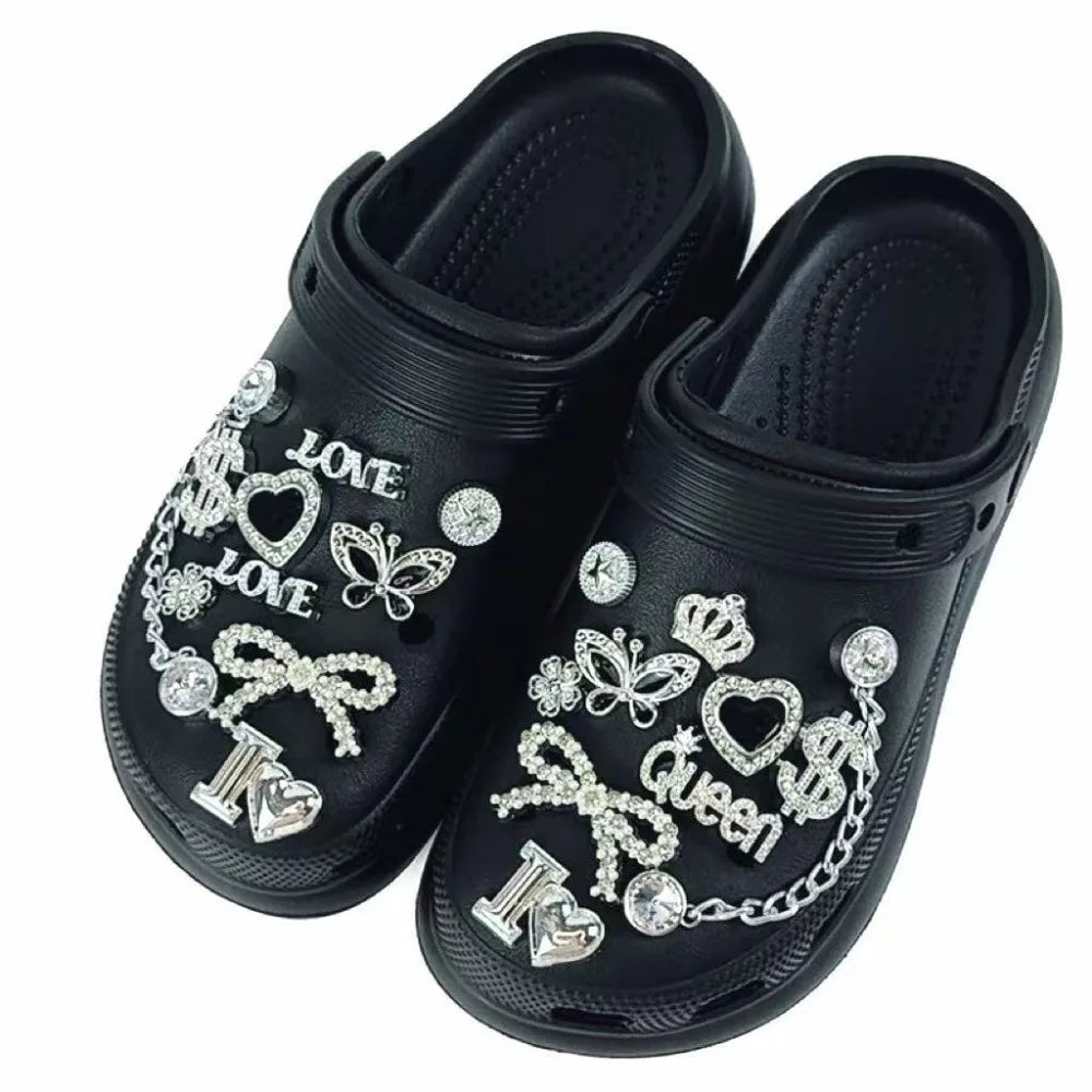 20PCS Shoe Charm Set Silver Crown Letter Butterfly Diamond Chain Shoe Decorations Buckle for Sandals Clogs DIY Accessories Gift