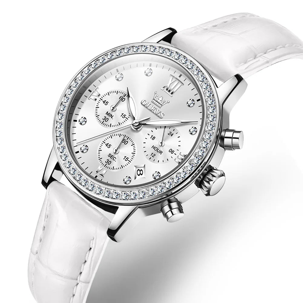 OLEVS Fashion Diamond Watches For Women Luxury Brand Rose Gold Case Ladies Quartz Watch White Leather Strap reloj para mujer