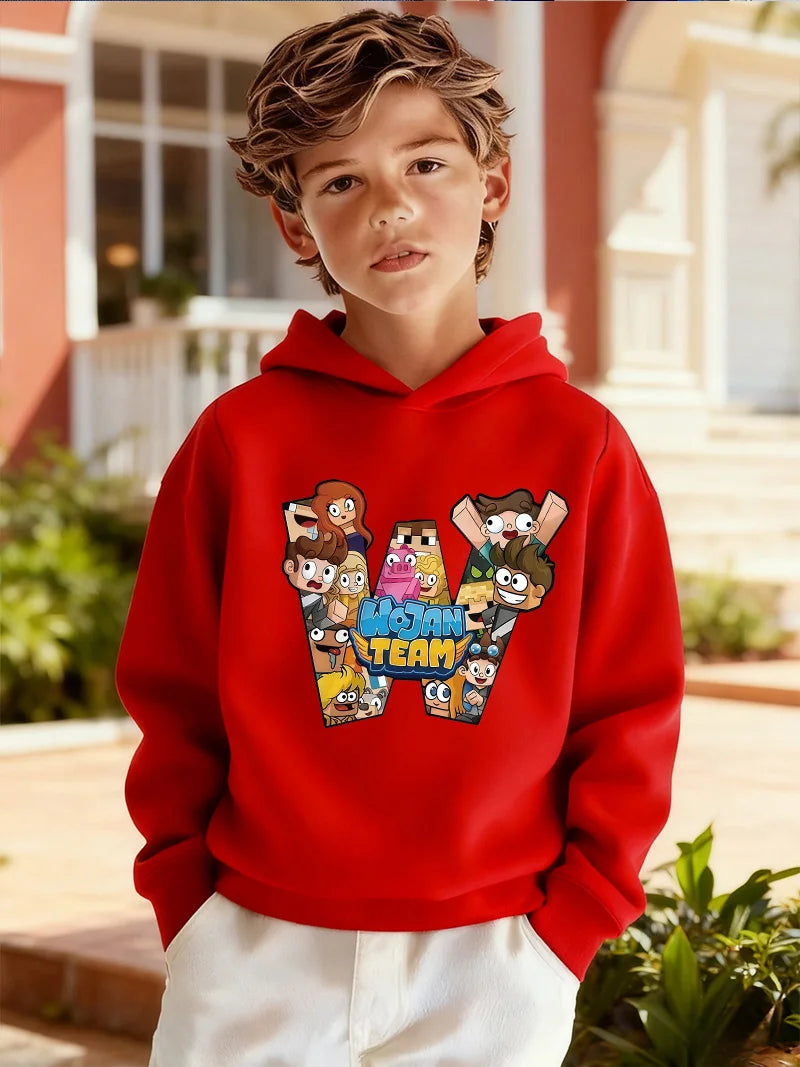 2026Kids'Wojan team character pattern children's hooded sweatshirt, suitable for daily wear in autumn and winter