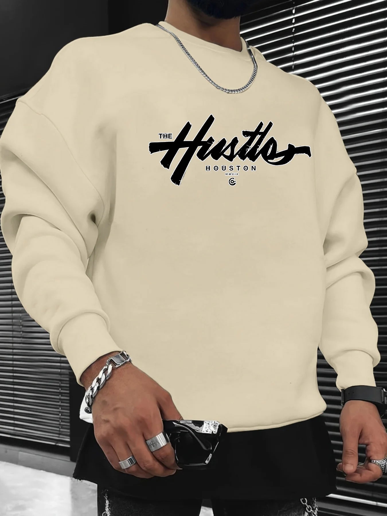 Men's autumn and winter fashionable casual loose Houston letter graphic printed long sleeved round neck sweatshirt