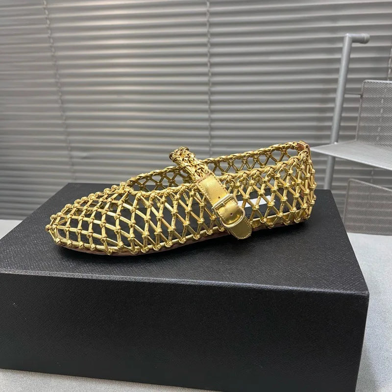 2025 Summer Ballet Shoes Women's Mary Jane Shoes Women's Flat Bottom Mesh Fishing Net Hollow Single Shoes Sandals