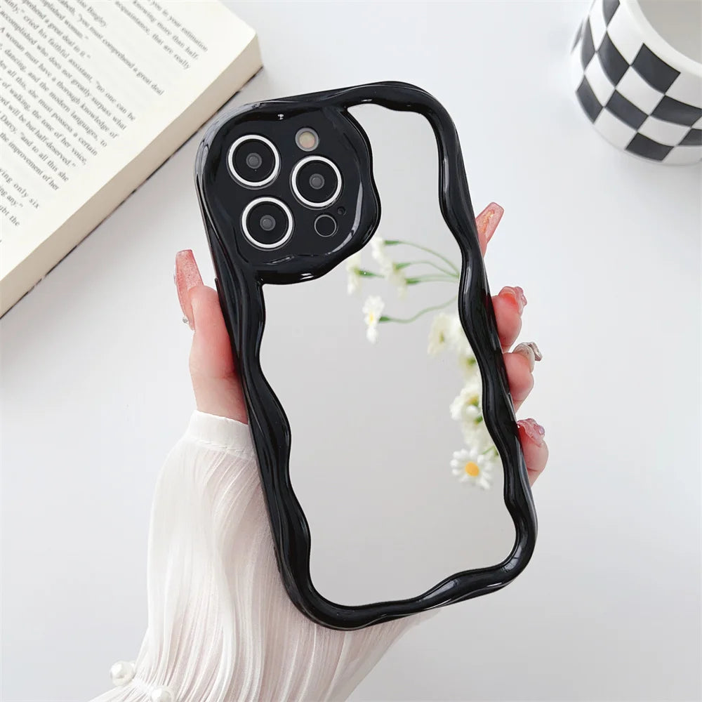 Luxury Curly Wave Makeup Mirror Case For iphone 15 14 Plus 11 12 13 Pro Max Mini XR XS Max 7 8Plus Clear Mirror Shockproof Cover