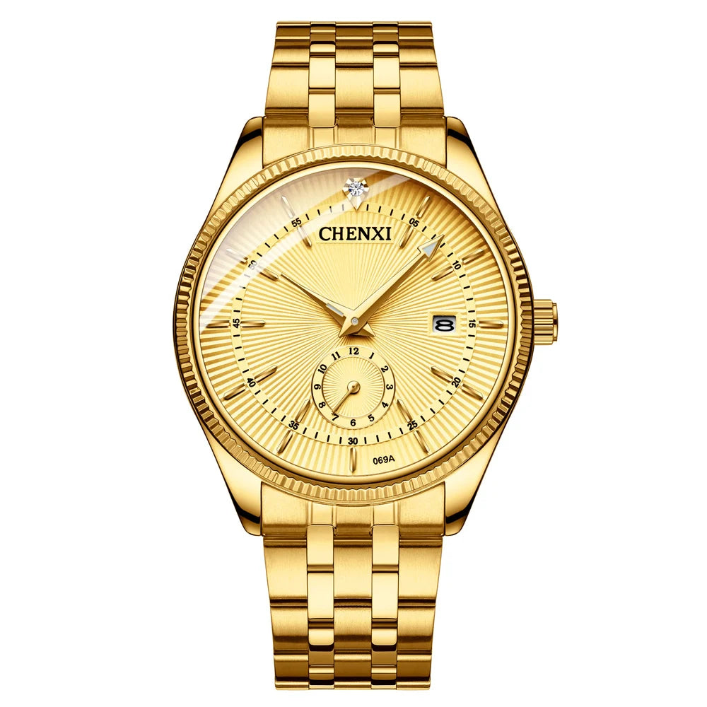CHENXI Fashion Couple Golden Watches Casual Men and Women Quartz Watch Stainless Steel Luminous Calendar Waterproof Wristwatch