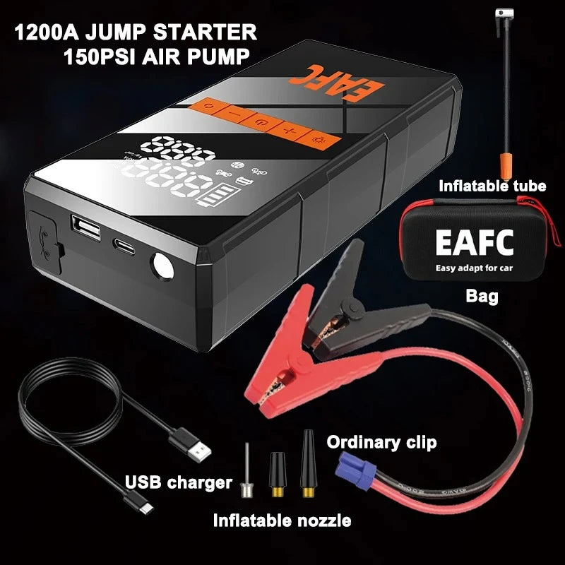 EAFC 1200A Smart Car Jump Starter with 150PSI Air Pump -8000mAh Power Bank LED Light Smart Inflate for Cars Motorcycles Trucks