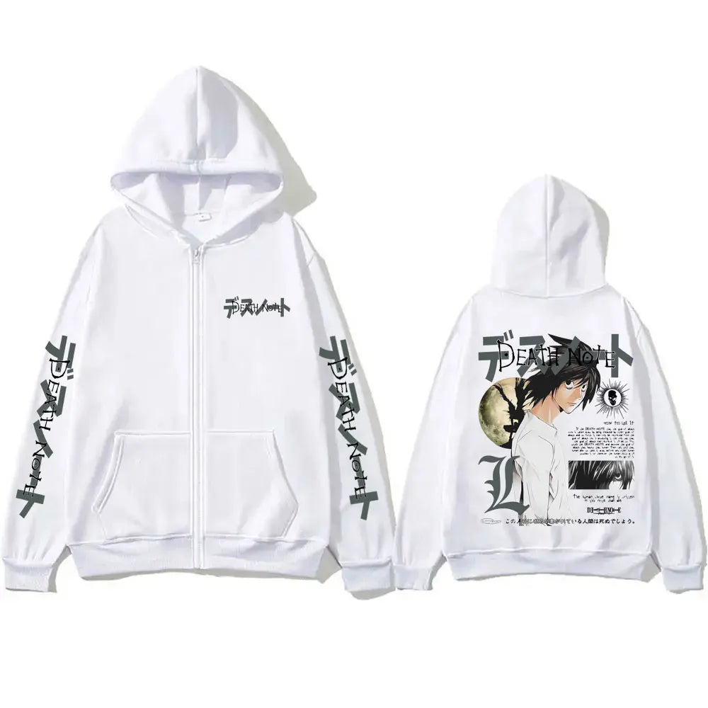 Anime Death Note L Lawliet Graphic Zipper Hoodie Men Women Casual Oversized Cotton Zip Up Jacket Male Vintage Zip Up Sweatshirt
