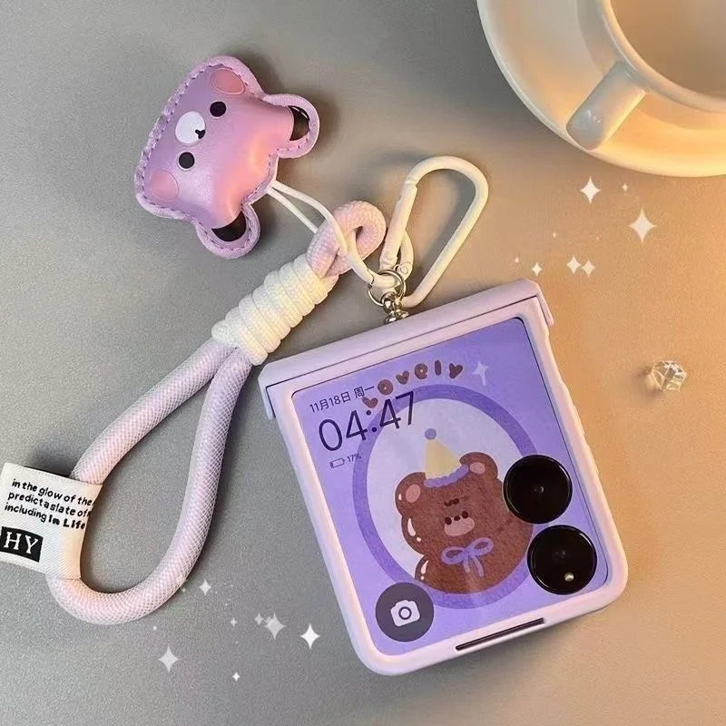 Korean Cute Purple Bear Portable Rope Phone Case For Motorola Razr 70 60 50 40Ultra Razr Plus 2025 2024 23 Hinge Protector Cover