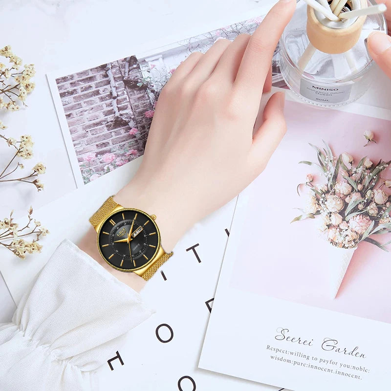 LIGE Women Watches Luxury Brand Ultra-thin Calendar Week Quartz Watch Ladies Mesh Stainless Steel Waterproof Gift reloj muje+Box