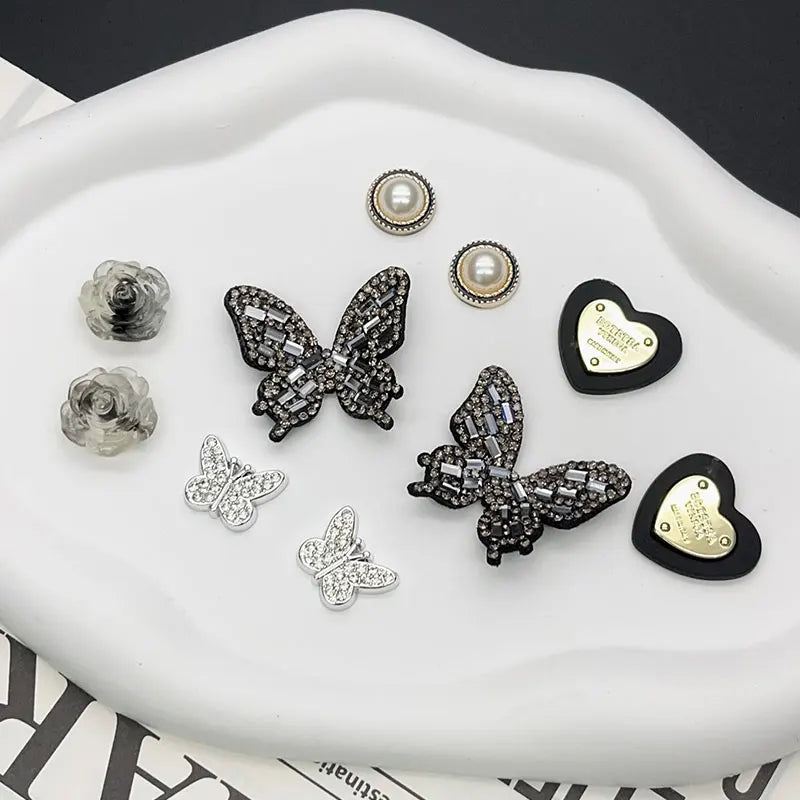 Sparkling Butterfly Flower Pearl Shoe Charms for Crocs Black White Set Clogs Pins Slipper Accessories Garden Sandals Girl Gift