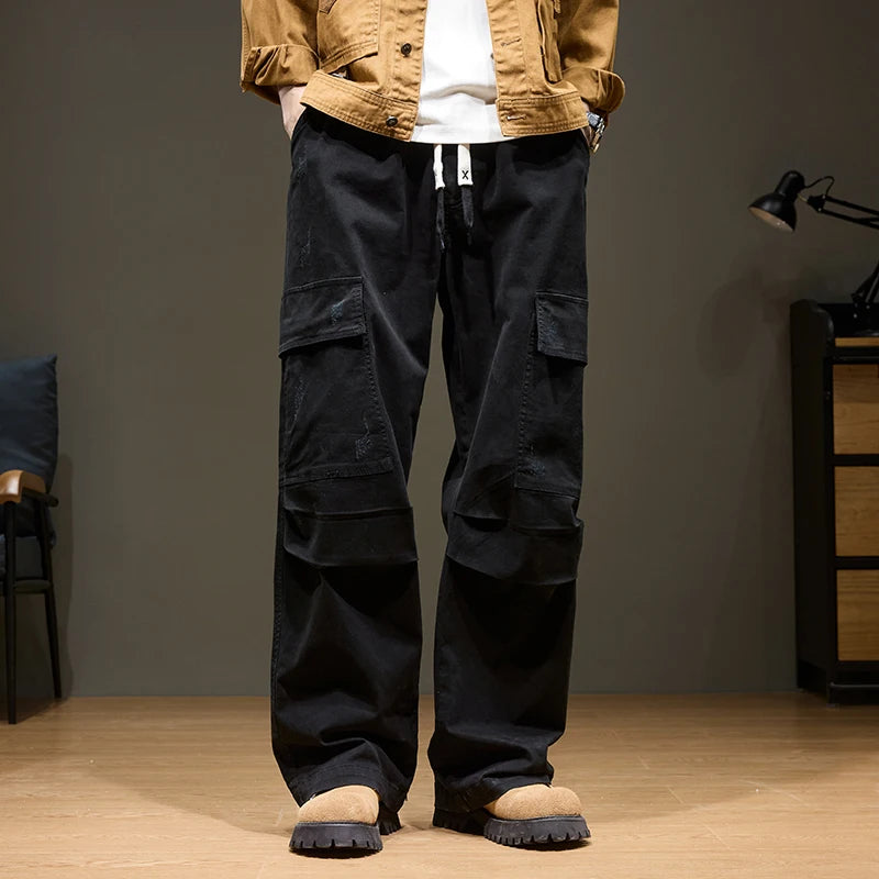 Baggy Wide-leg Cargo Pants Men's 100% Cotton Multi-pocket Splicing Outdoor Loose Straight Autumn Trousers Fashion Streetwear