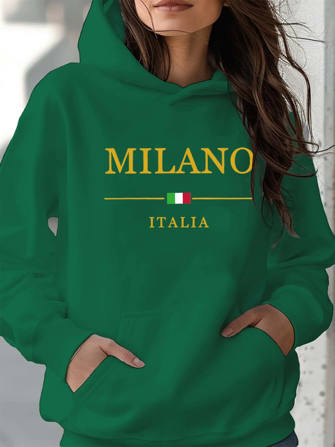 Women's autumn and winter warm and loose casual MILANO ITALIA pattern printed suede long sleeved hooded sweatshirt