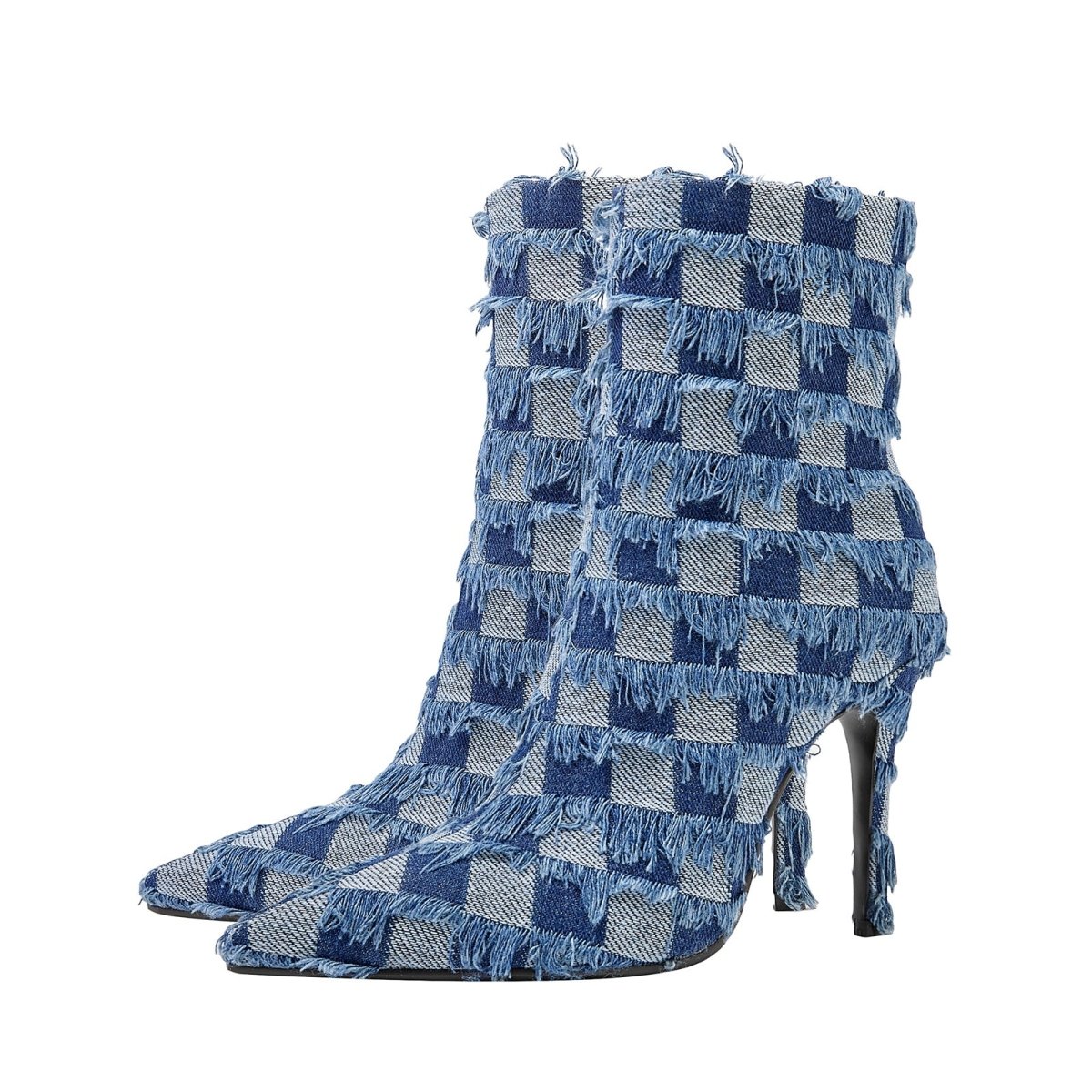 Blue Checkered Frayed Denim Ankle Boots