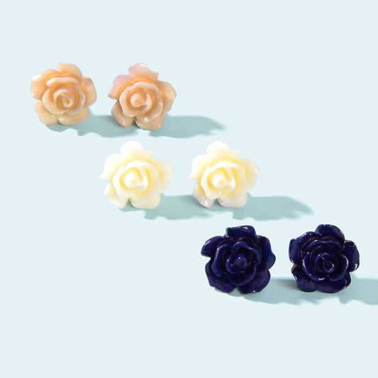 3pairs Colorful Resin Rose Flower Earrings Ear Stud Piercing Cartilage Jewellery-0