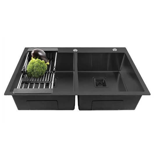 304 Handmade (45"x20"x10) Inch Stainless Steel Double Bowl Black Kitchen Sink With Tap Hole