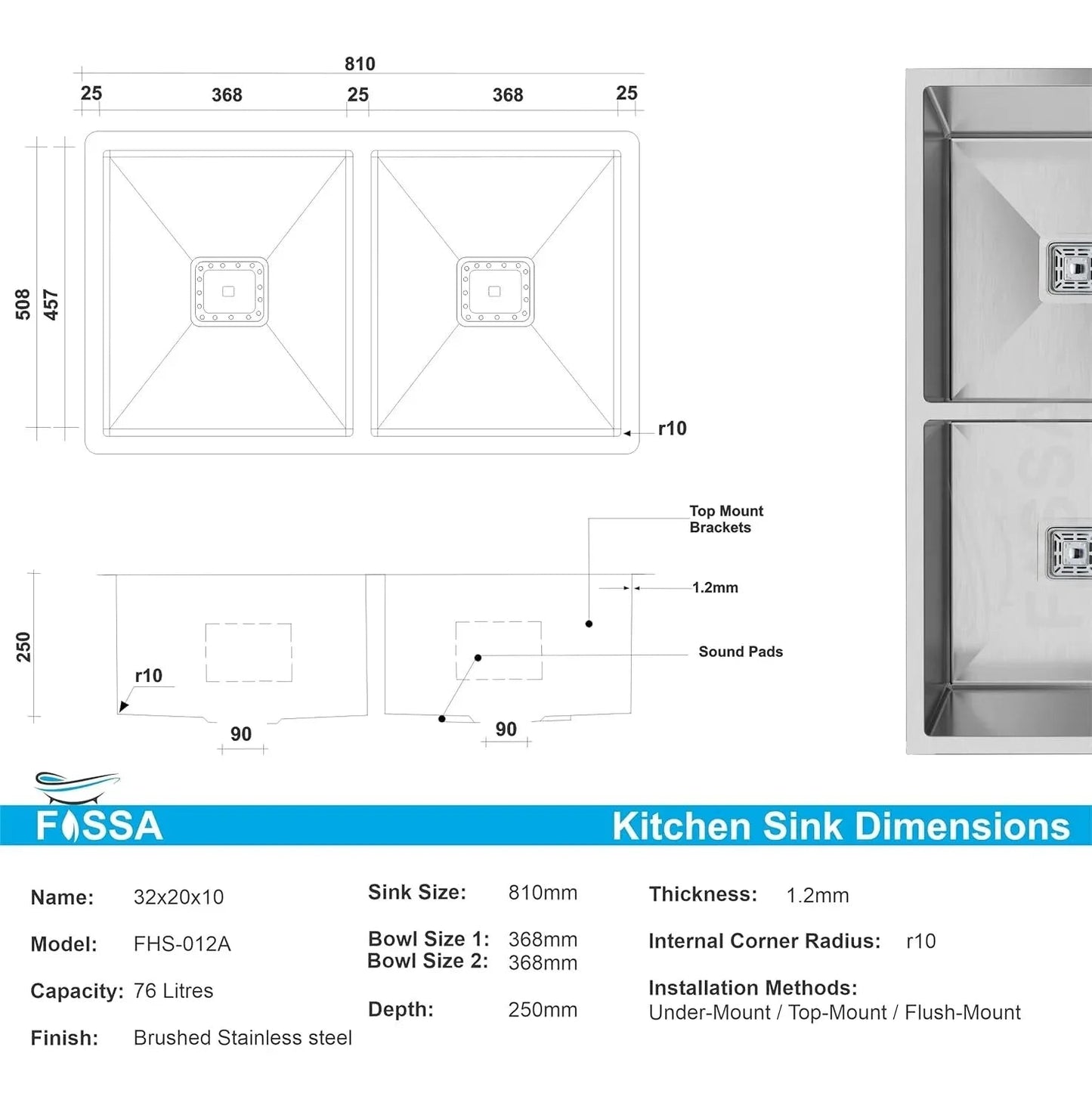 304 Handmade (45"x20"x10) Inch Stainless Steel Double Bowl Black Kitchen Sink With Tap Hole