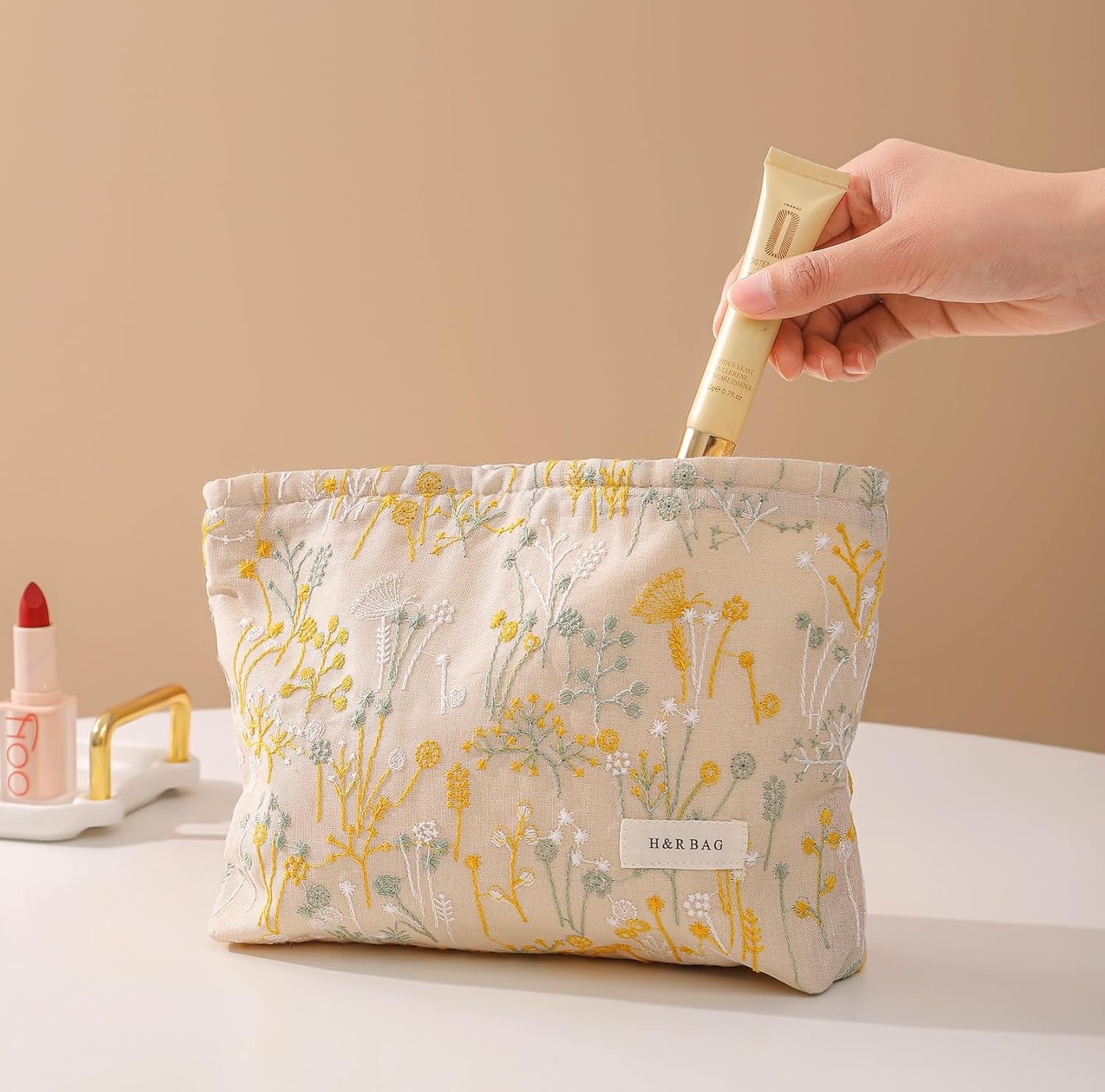 2 Pcs Makeup Bags, Large Cosmetic Bag Travel Toiletry Bag Organizer for Women, Embroidery Craft, Floral Makeup Bag Small Cosmetic Pouch Purse with Zipper Gifts for Girls Teen