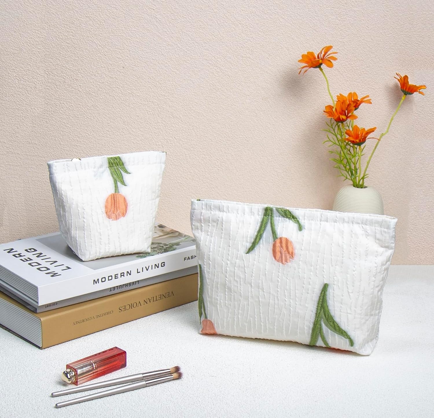 2 Pcs Makeup Bags, Large Cosmetic Bag Travel Toiletry Bag Organizer for Women, Embroidery Craft, Floral Makeup Bag Small Cosmetic Pouch Purse with Zipper Gifts for Girls Teen