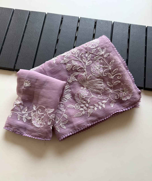 Lavender Noor Bird Embroidered Chiffon Saree