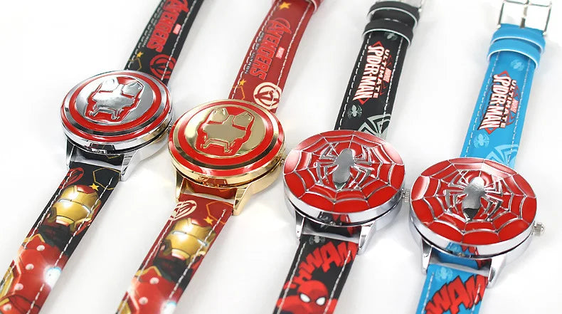 Marvel spiderman Kids watch Captain America ironman children's watches Leather Quartz Flip Metal Case Watches Boys Clock gifts