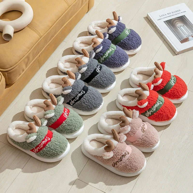 New 2025 Thick Sole Christmas Deer Slippers Women Men Indoor Warm Slipper Soft Plush Home Floor Lovers Winter Platform Shoes