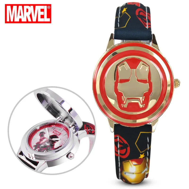 Marvel spiderman Kids watch Captain America ironman children's watches Leather Quartz Flip Metal Case Watches Boys Clock gifts