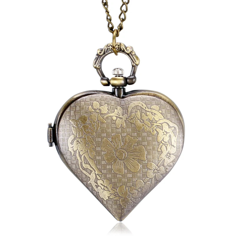 Vintage Heart-Shape Necklace for Women Lover Girlfriend Quartz Pocket Watches Fashion Beautiful Girl Pendant Tag Drink Me Chain