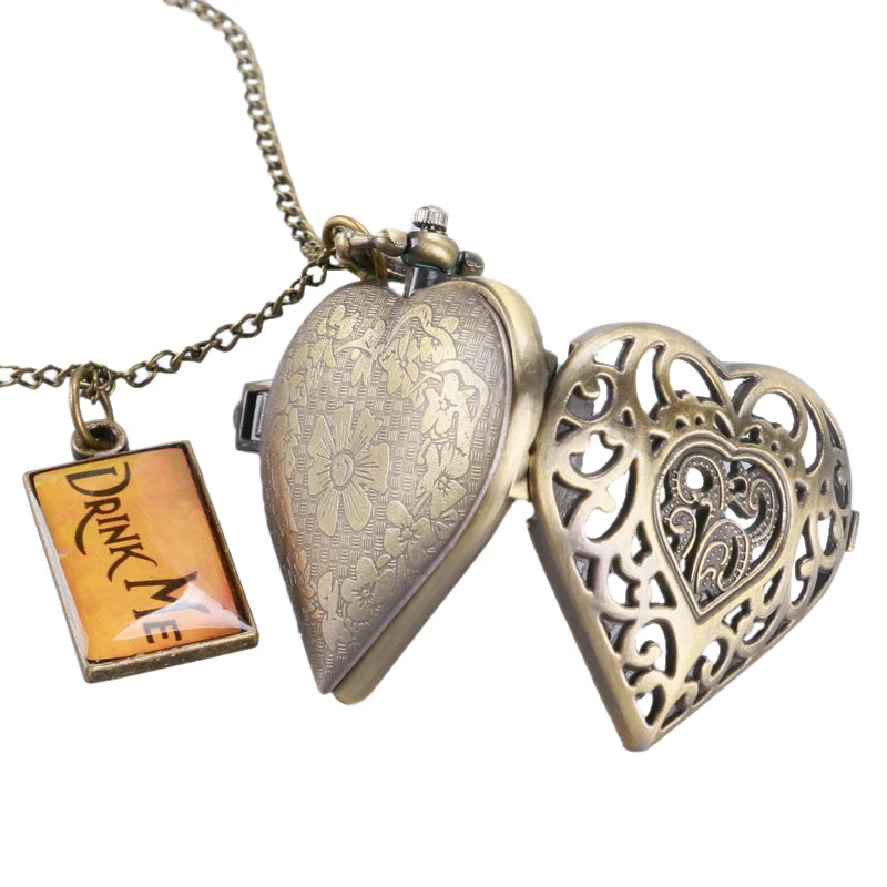 Vintage Heart-Shape Necklace for Women Lover Girlfriend Quartz Pocket Watches Fashion Beautiful Girl Pendant Tag Drink Me Chain