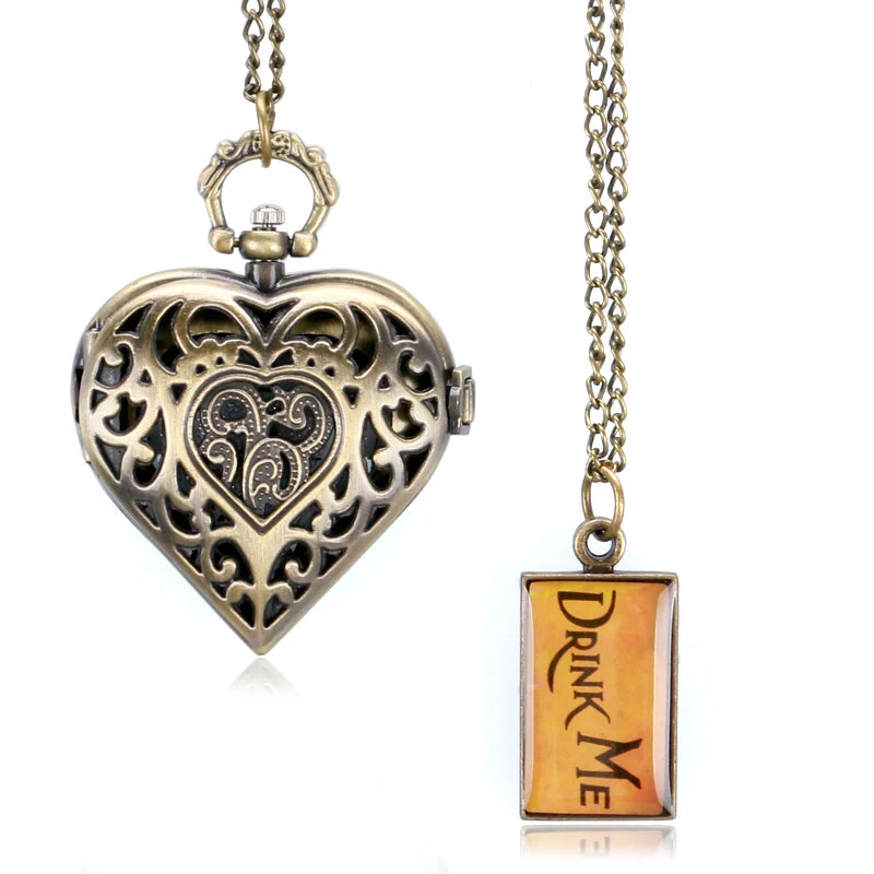 Vintage Heart-Shape Necklace for Women Lover Girlfriend Quartz Pocket Watches Fashion Beautiful Girl Pendant Tag Drink Me Chain