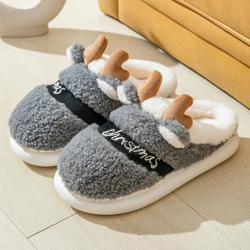 New 2025 Thick Sole Christmas Deer Slippers Women Men Indoor Warm Slipper Soft Plush Home Floor Lovers Winter Platform Shoes