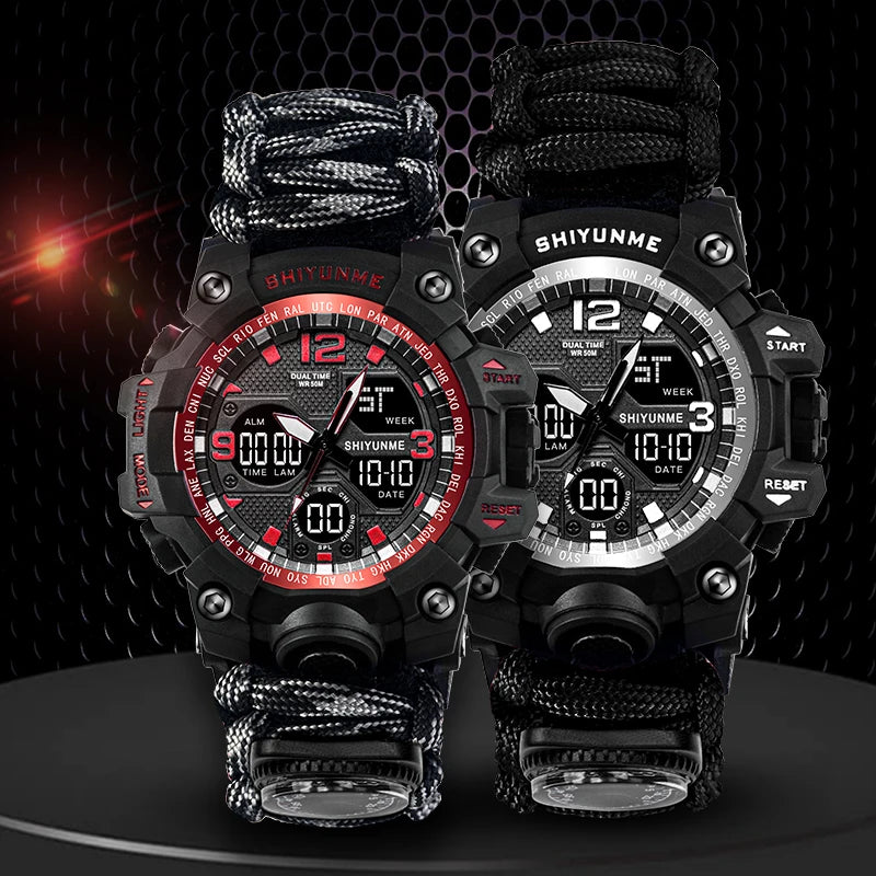 SHIYUNME Outdoor Men Military Quartz Watch Waterproof Multifunctional Survival Tactical Watch Compass Sport LED Digital Watches
